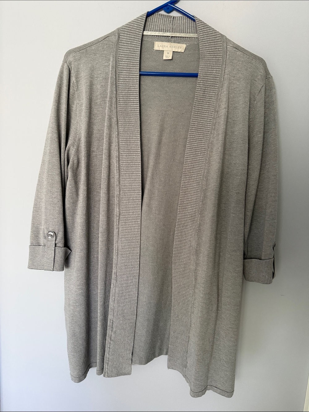 Laura Ashley Gray Open Front Roll-Tab Cardigan